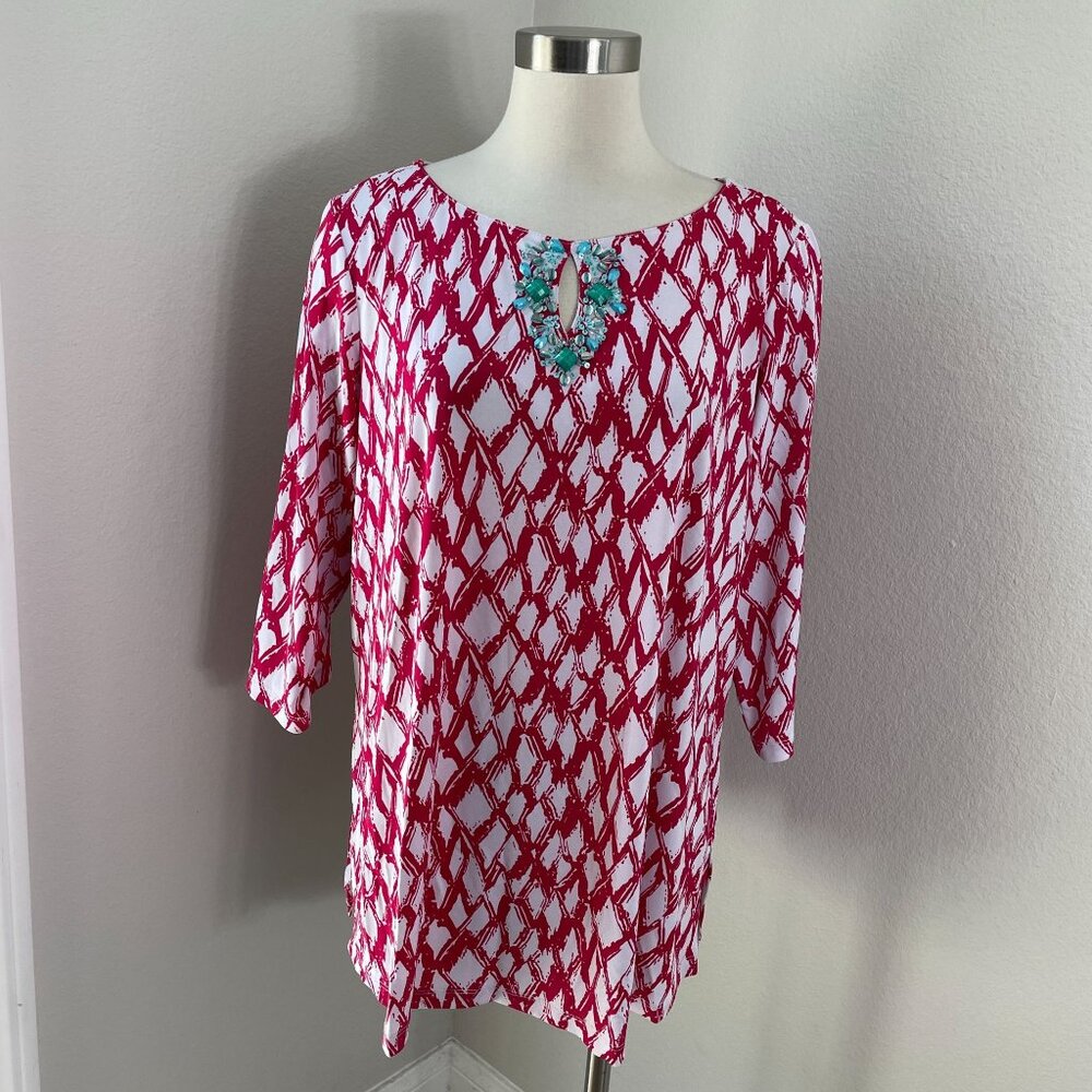 Susan Graver‎ Artisan Womens Plus 1X Tunic Top Beaded Neckline Liquid Knit Shirt